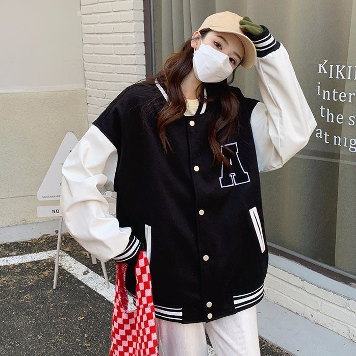 Towel Embroidered Baseball Suit Women's Korean Bf Lazy Style All-match European and American Style Cross-border New Fashion Black Jacket for Students