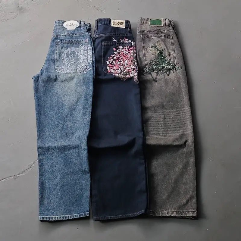 Derschutz Chrome Cool Style American Heavy Embroidery Statue Straight-Leg Jeans Men's Trendy Pants