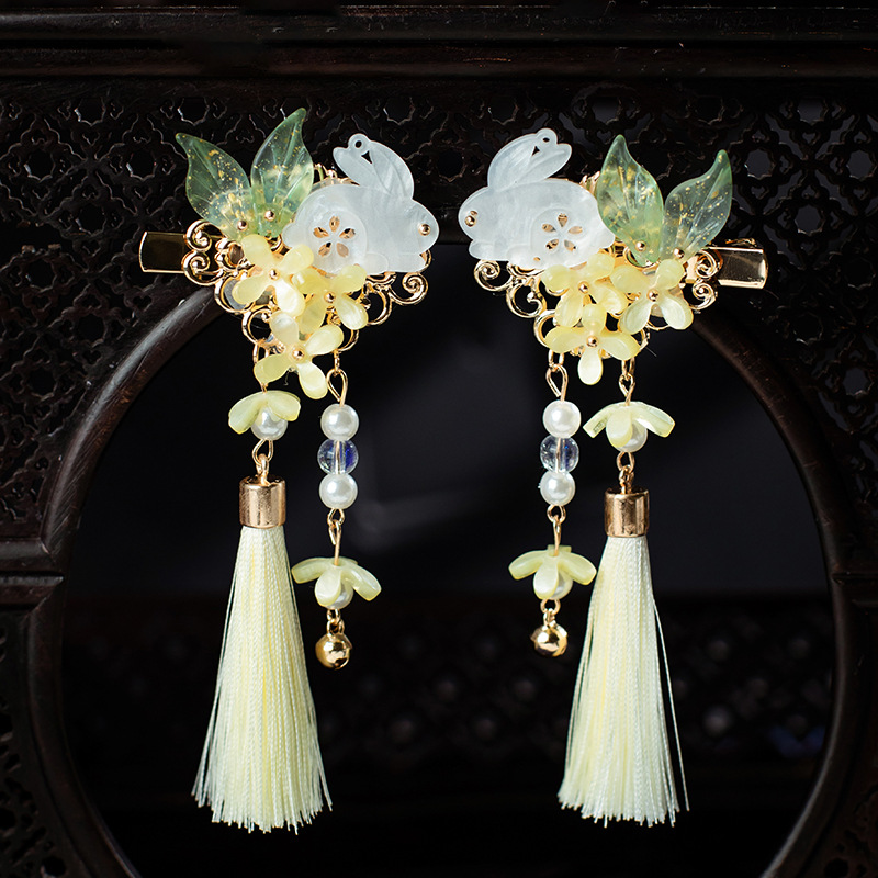 Antique Headwear Hanfu Pearl Hairpin Ancient Suit Jade Rabbit Tassel Side Clip Hand-made Flowers Not Inlaid Accessories Pair Hair Clip