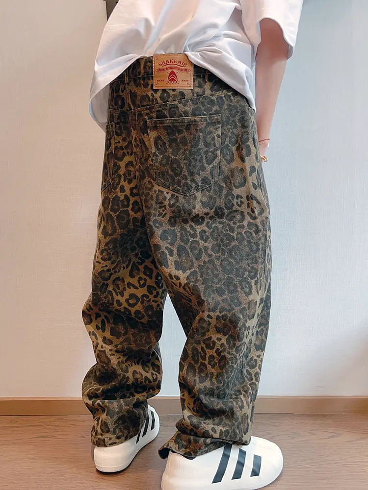 European and American Cross-border American Retro Design Sense Niche Tooling Leopard Print Loose Casual All-match Denim Pants Men's INS
