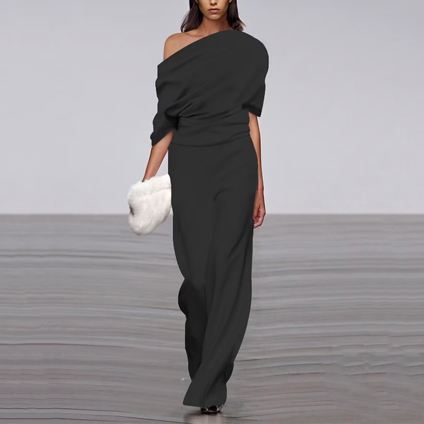 2023 European and American Hot-Selling New Spring One-Line Collar Jumpsuit Loose Casual Women's Pure Color Elegant Commuter Pants