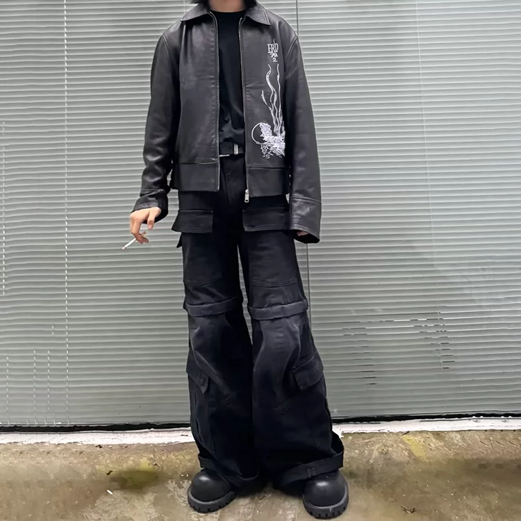 American High Street Flared Cargo Wide Leg Pants with Multiple Pockets, Removable for Aging, Washed Horn Cowboy Work Pants