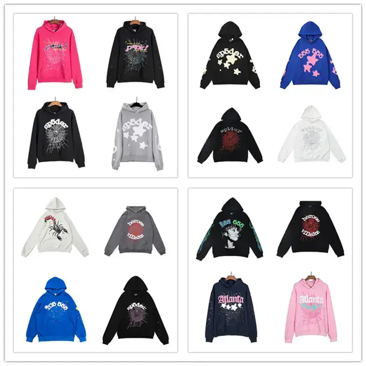 Trendy Unisex 555555 Spider Web Foam Print Hip-Hop Loose Heavyweight Terry Hoodie Set