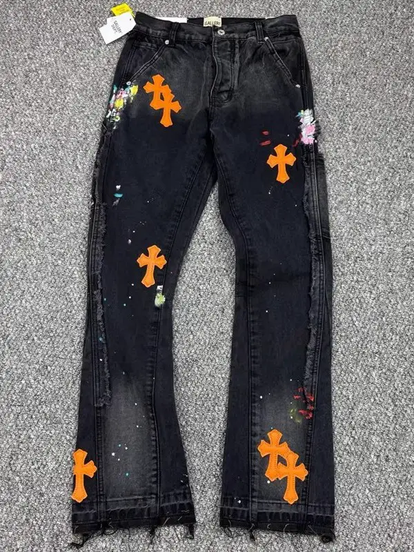 Gallery Dept Logging Pants Orange Cross Embroider Washed Splash Splicing Loose Bootcut Jeans