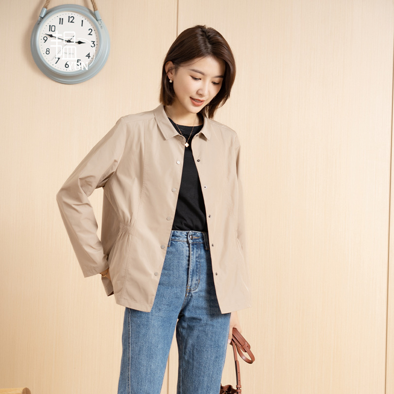 Yun Yun Elegant Spring New Style Women's Long-Sleeve Collared Shirt Khaki Short Top Jacket for Petite Women