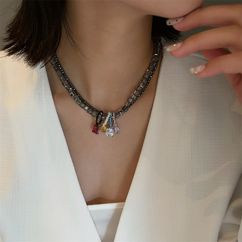 Niche Design Double-layer Necklace Multi-color Sugar Crystal Pendant Handmade Overlapped Clavicle Chain Entry Luxury Double-layer Necklace