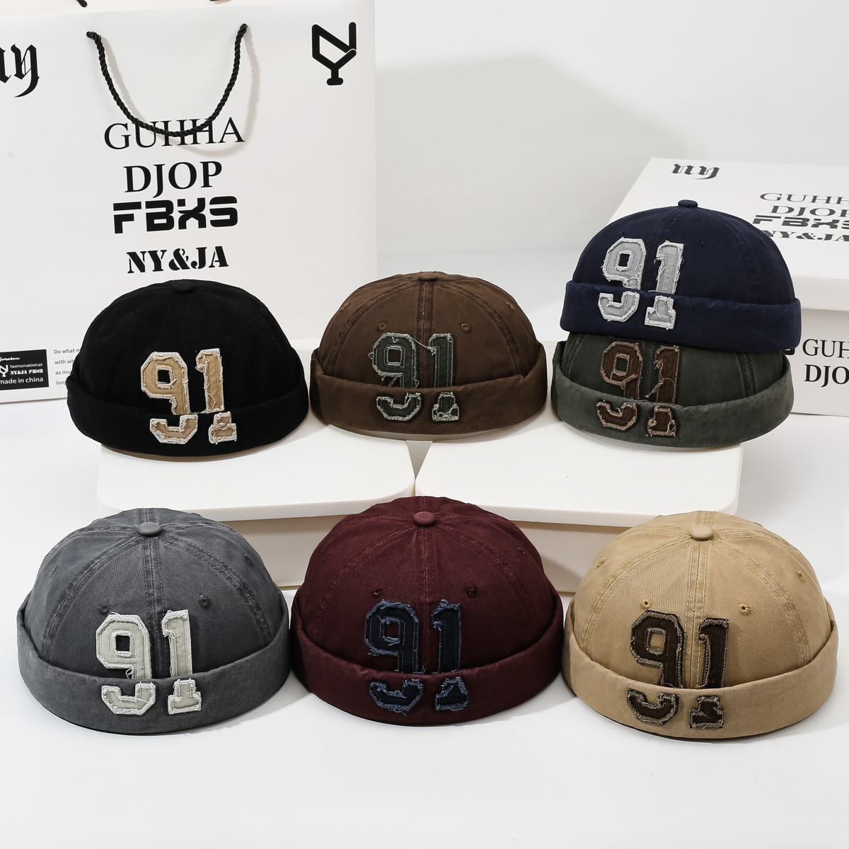 Cross-Border New American Retro 91 Number Embroidered Brimless Beanie Hat for Men and Women Outdoor Hip-Hop Trendy Street Hat