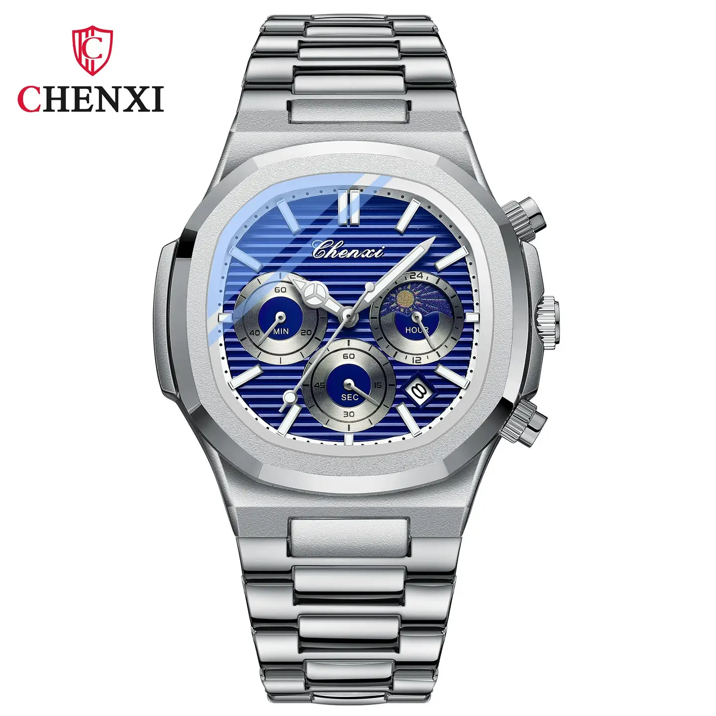 Chenxi Multifunctional True Three-Eye Six-Pin Men's Watch Calendar Moon Phase Timing Octagonal Waterproof Quartz Watch for Men