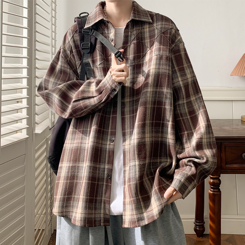 Plaid Shirt Men's 2024 New Four Seasons Loose Retro Sanding Long Sleeve Shirt Korean Casual plus size Jacket