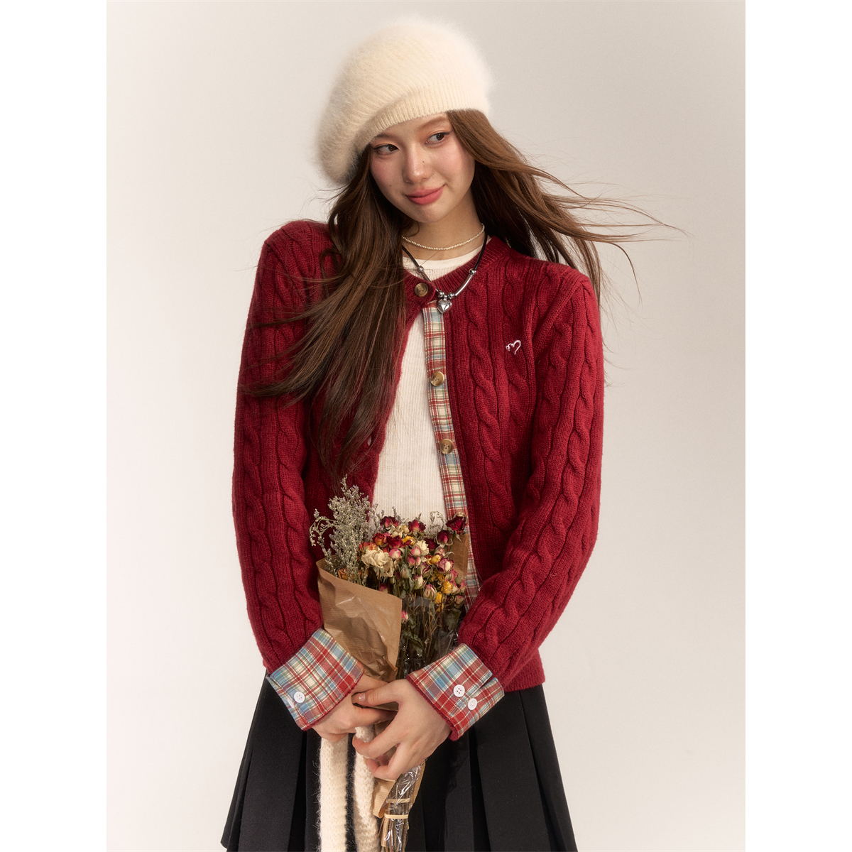 Zhao Jinmai AsGony Wool Blended Embroidered Plaid Patchwork Vintage Red Sweater College Style Knitted Cardigan