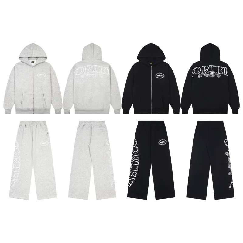 Corteiz Devil's Island American Street Letter Printed Velvet Cardigan Hoodie Sportswear Casual Pants Set ins