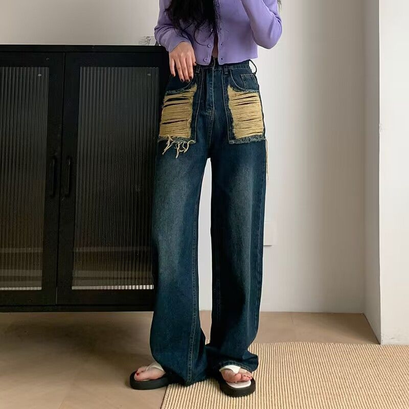 2026 New Versatile Loose-Fitting Spring and Autumn Plus-Size Wide-Leg Fashion Irregular Ripped Design Jeans for Women