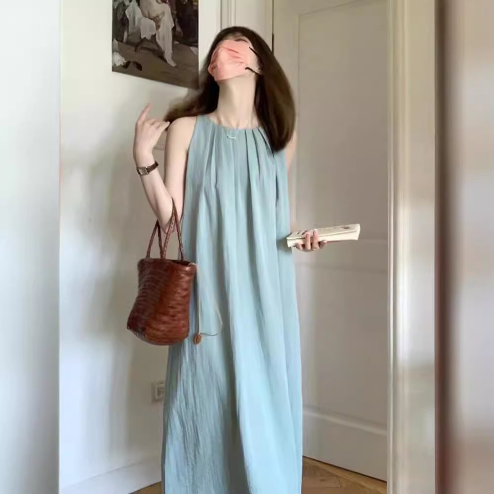Seaside Holiday Backless Straight dress Women's Wear Summer Yunnan Travel Wear Loose Sling Beach Long Skirt