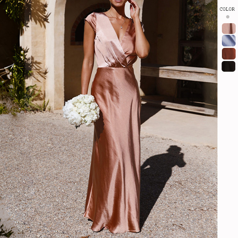 2024 Export European and American Clothing Spring and Summer Satin Pure Color V Neck Sexy Fishtail Skirt Elegant Party Dress Long Skirt for Women