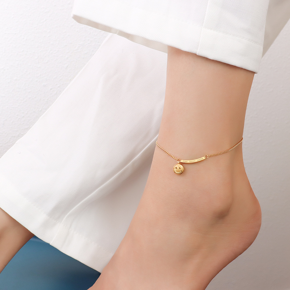 Summer Beach ins Accessories leg chains Smiley Pendant Foot Decoration Titanium Steel Plated 18K Gold Fashion Anklet