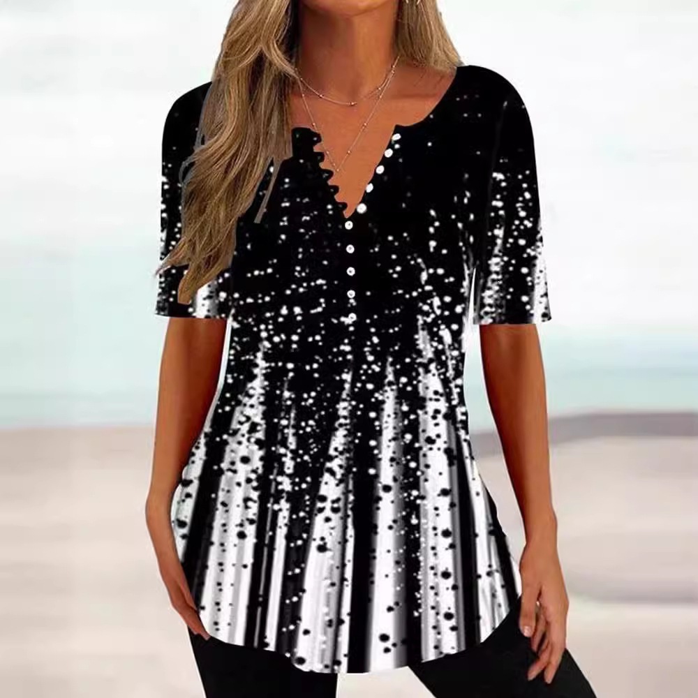In-Stock Cross-Border European and American Women's Clothing Amazon 2026 Summer Loose V-Neck Printed Short-Sleeve Pleated Button-Up Shirt for Women
