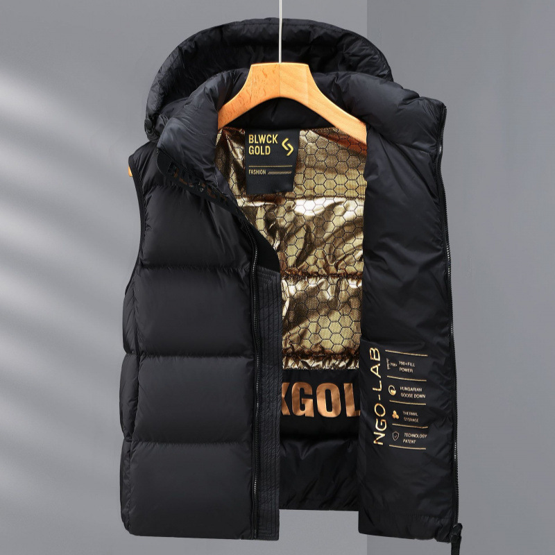 New black gold down vest for men and women with white duck down thick winter hooded down jacket manufacturers straight hair