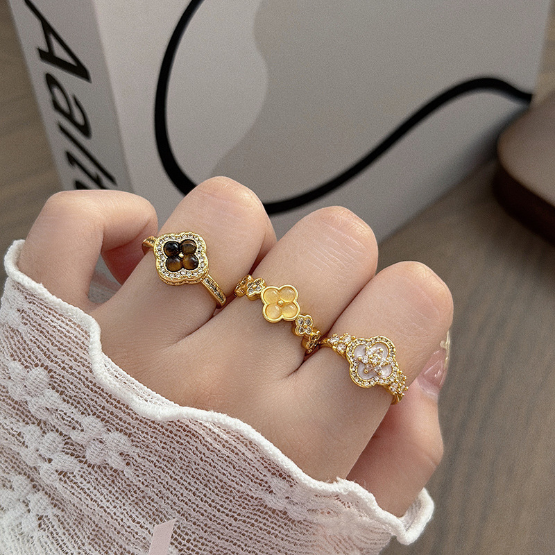Light Luxury Retro Style Gentle Temperament Four-Leaf Clover Full Diamond Zircon Open Ring Niche High-End Stackable Index Finger Ring for Women