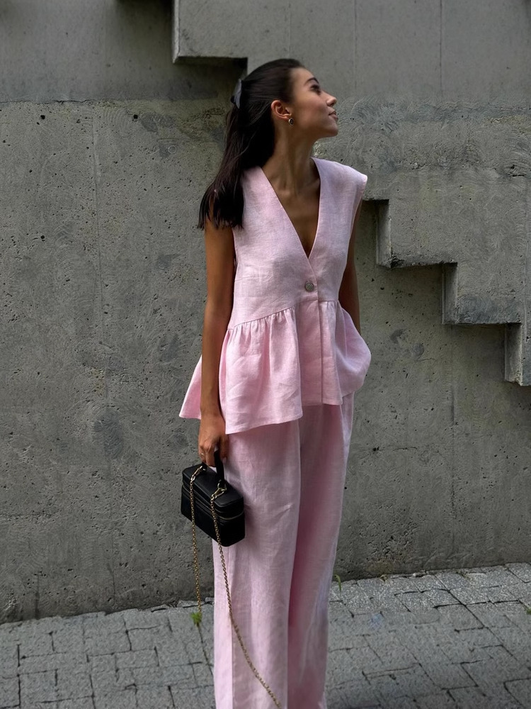 2025 Cotton V Neck Sleeveless Top Vest Pants Suit Women's European and American New Pure Color Elegant Work Clothing Two-Piece Set