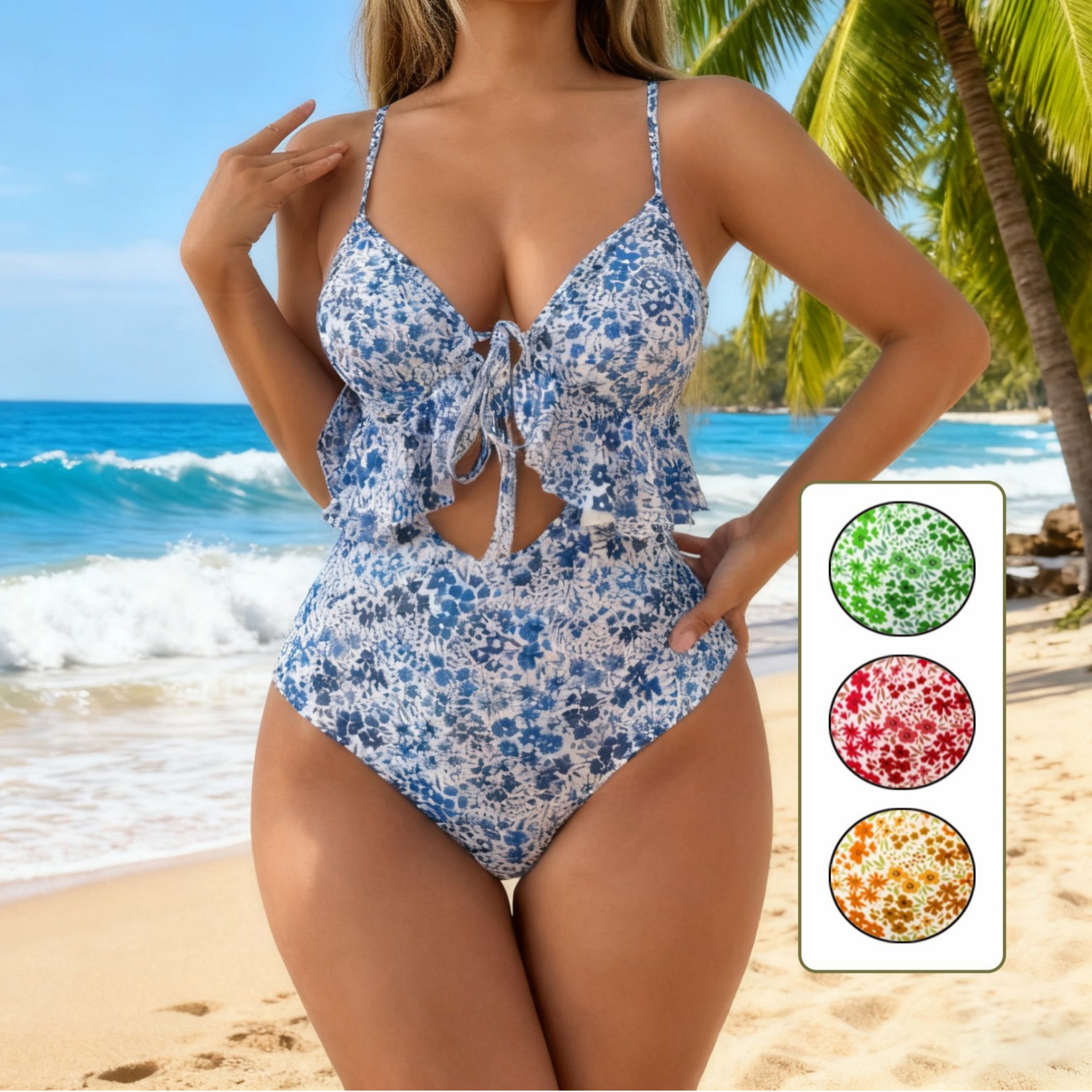 Shencai Cross-Border European and American Style Small Floral One-Piece Ruffled Sexy Swimsuit Aliexpress Tk386