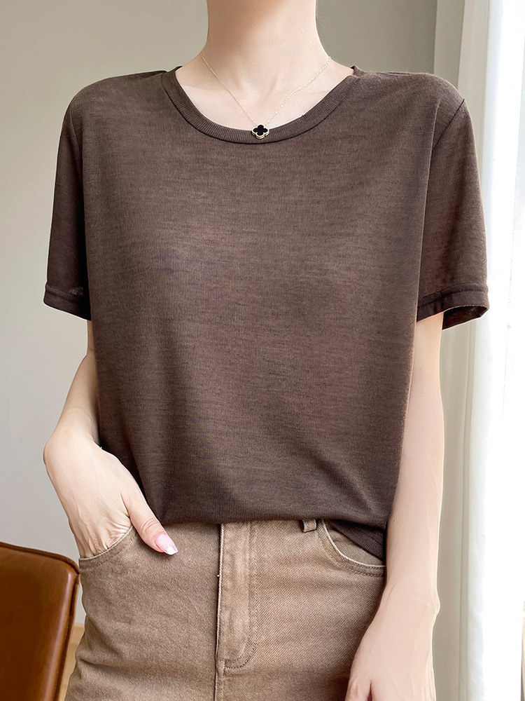 Summer New Tencel Short-sleeved Round Neck Thin Knitted T-shirt Women's Solid Color Loose All-match Shoulder Base Shirt Top