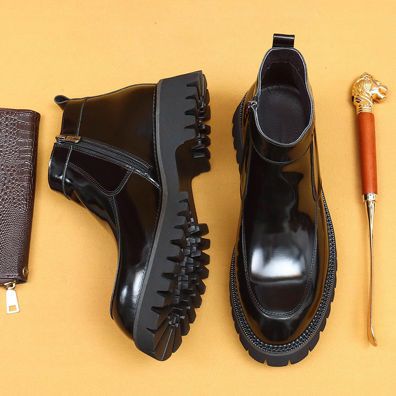 【】Thick-Soled Autumn Genuine Leather Men's Boots with Glossy Finish, Side Zipper, Business Chelsea High-Top Shoes, Height-Increasing