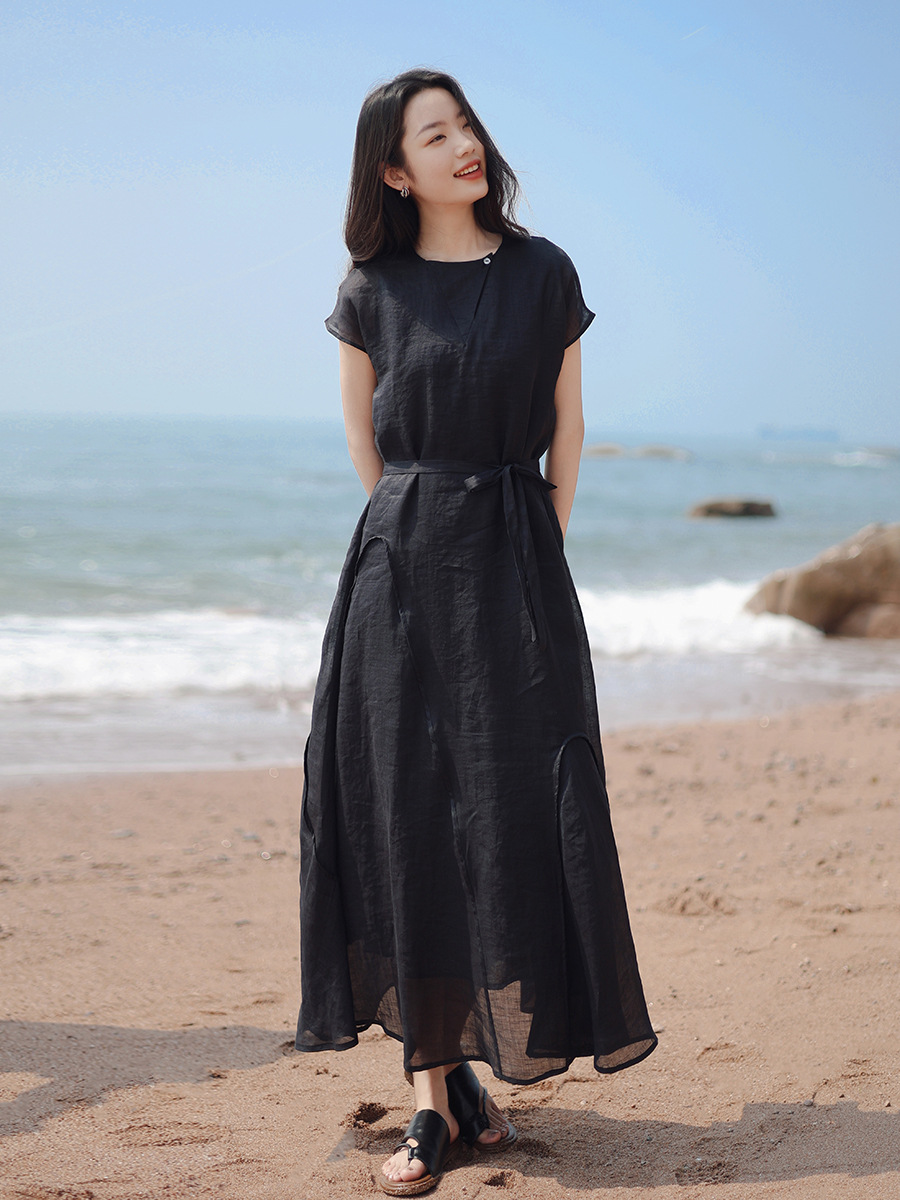 Women's 2025 Summer New Short-Sleeved Ramie Dress Women's High-End Waist Pure Color Design Long Skirt Wholesale