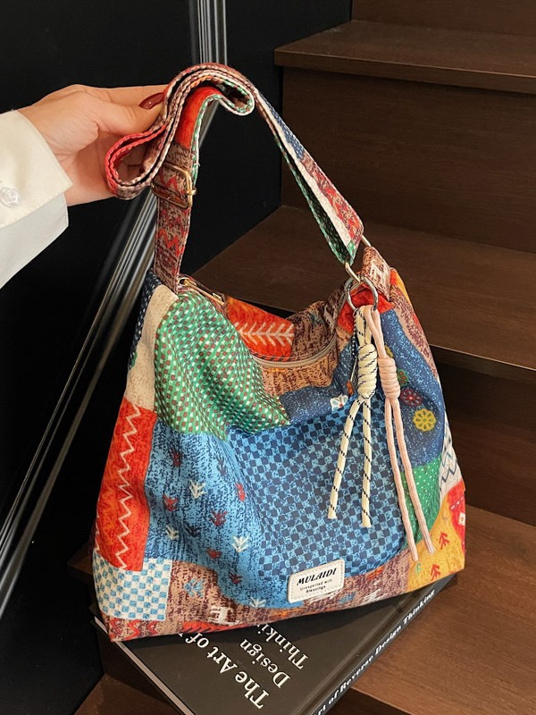 Cross-border ethnic style stitching contrast color cloth bag 2025 new spring and summer large capacity texture casual diagonal shoulder bag