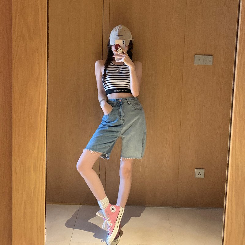 light blue Denim Pants Color-matching Shorts Women's Summer Cyber Popular High Waist Slimming Straight Loose Short Pants