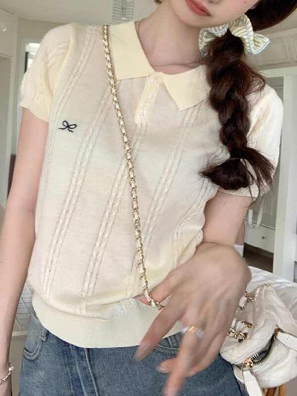Polo Collar Embroidered Small Bow Short-Sleeved Knit Shirt for Women Summer Vertical Striped Twist Thin Lapel T-Shirt Women's Top
