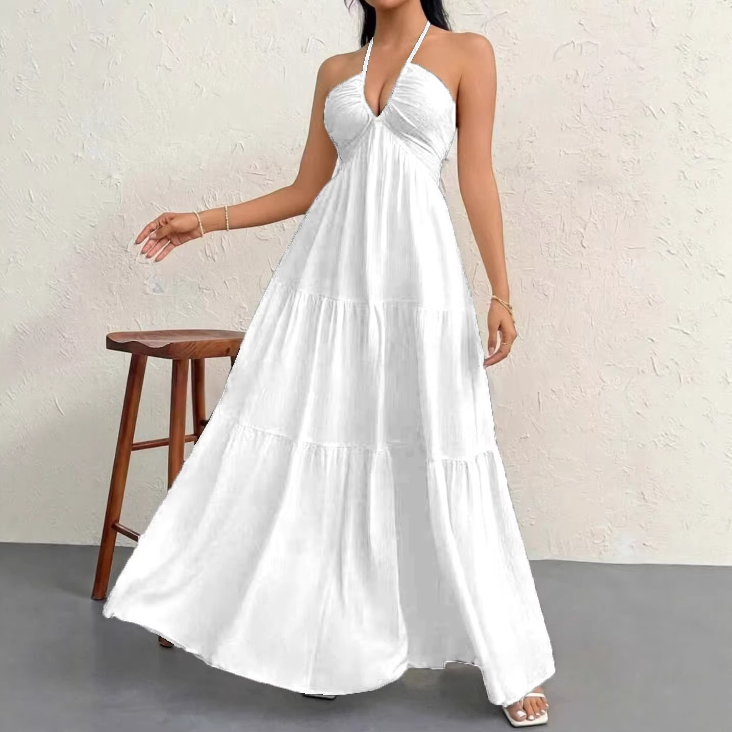 European and American Cross-Border Summer New Women's Popular Deep V-Neck Strapless Bohemian Style Belt Dress