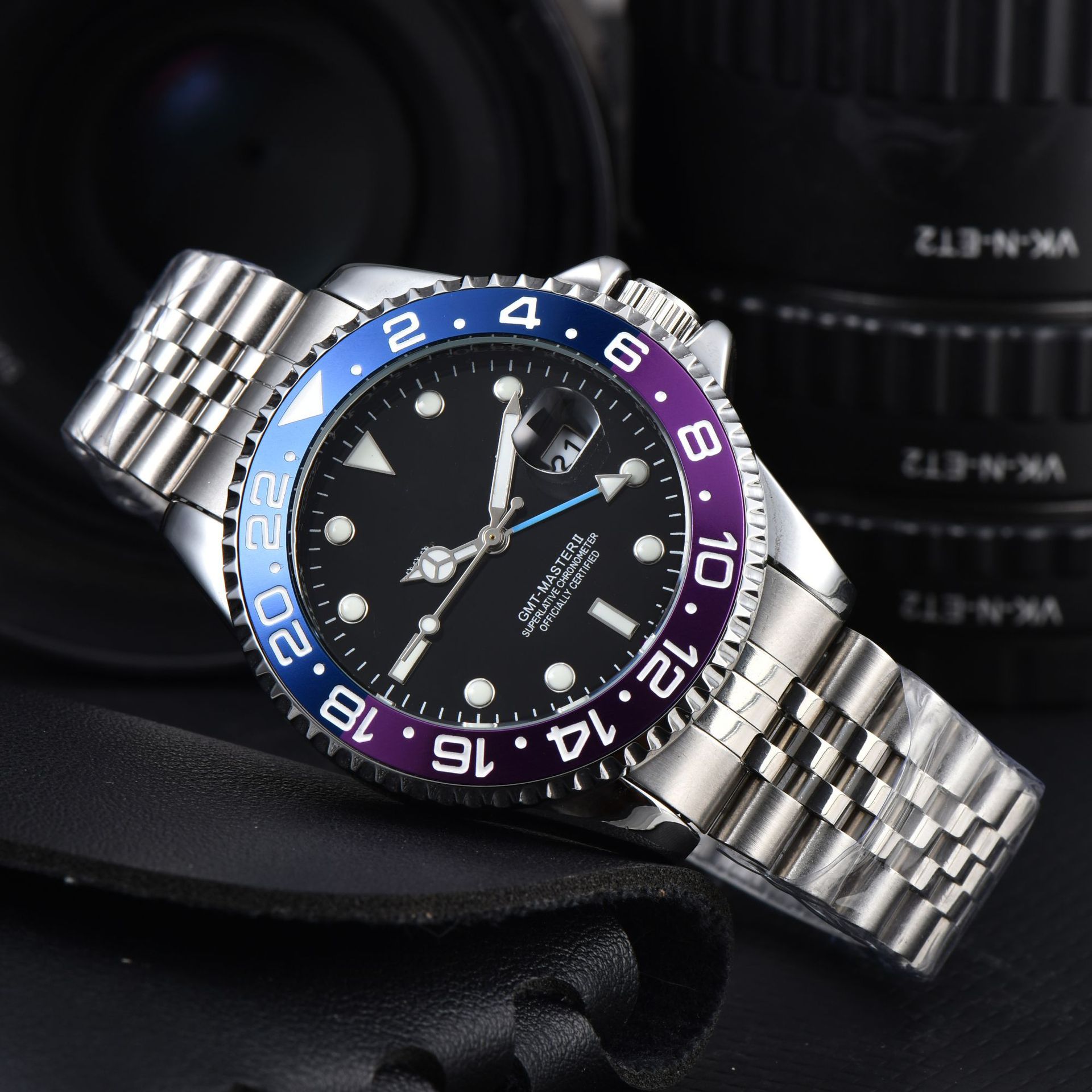 2025 Laojia GMT Men's Quartz Ceramic Circle Fashion Men's Fashion Watch Steel Belt Luminous Water Ghost Waterproof Watch