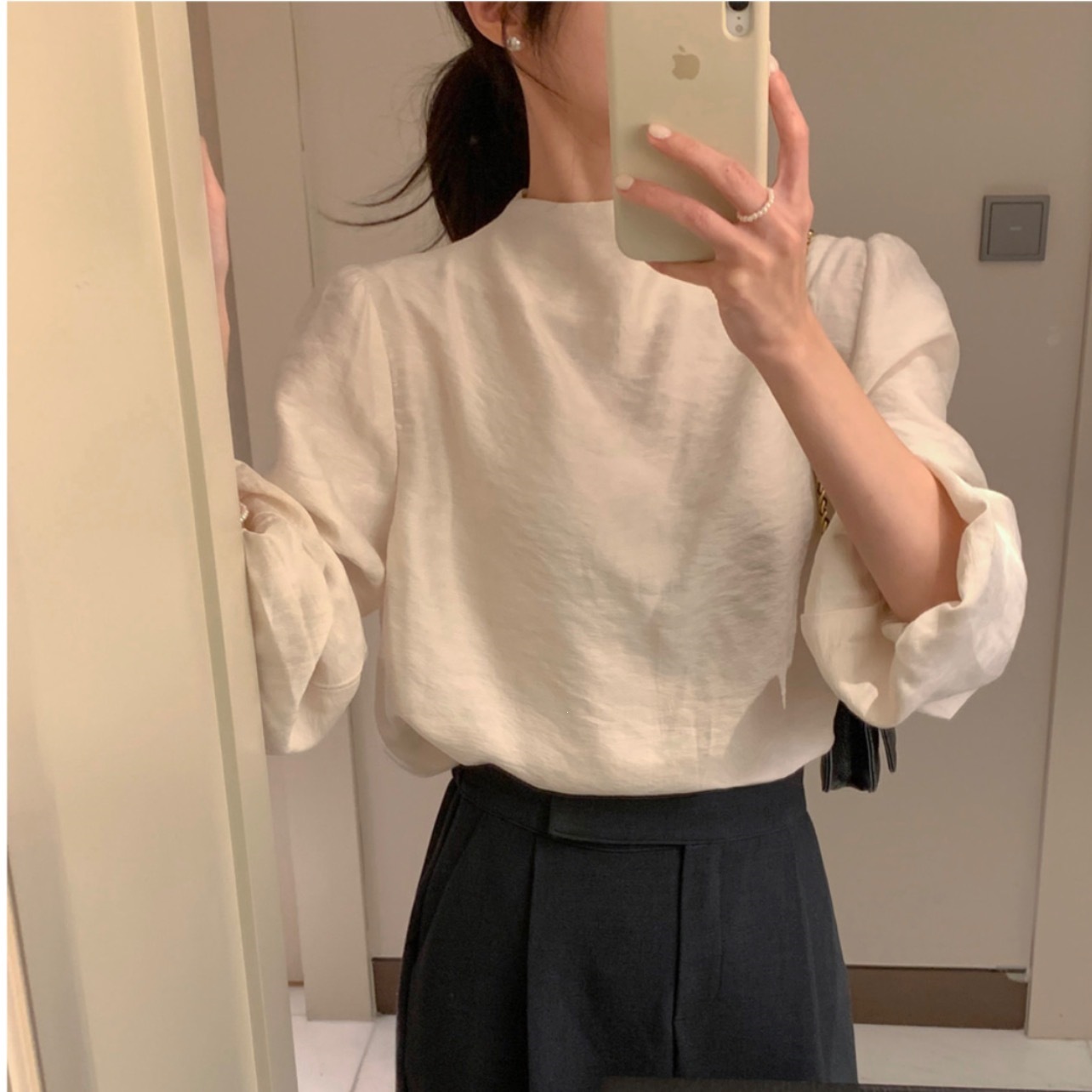 French-Style Retro High-End Chic Simple Casual Versatile Long-Sleeve Round-Neck Puff Sleeve Shirt for Women