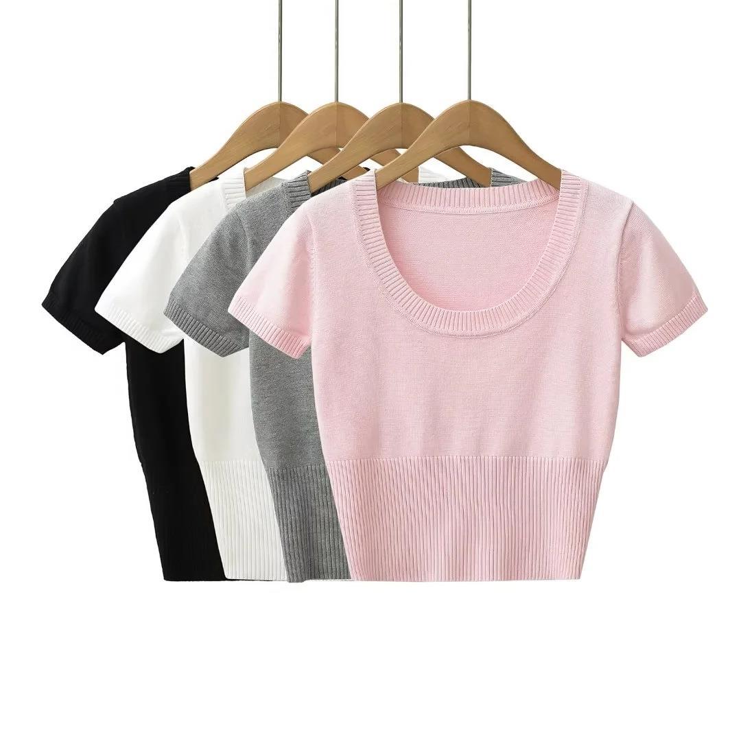 Pure desire style large u-neck knitted short top women's summer new elastic tight slimming sexy short-sleeved T-shirt
