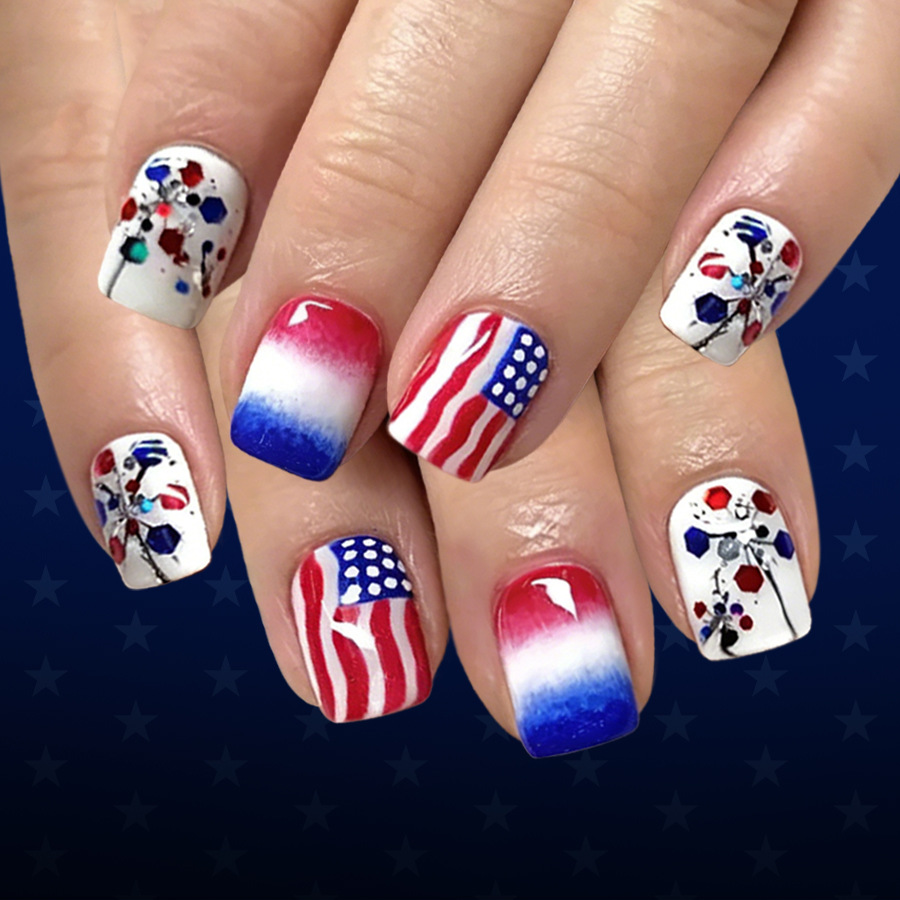 Short Glossy Square Nails with Red and White Striped Flag Gradient for Independence Day, French Style Fireworks Press-On Nails, 24 Pieces