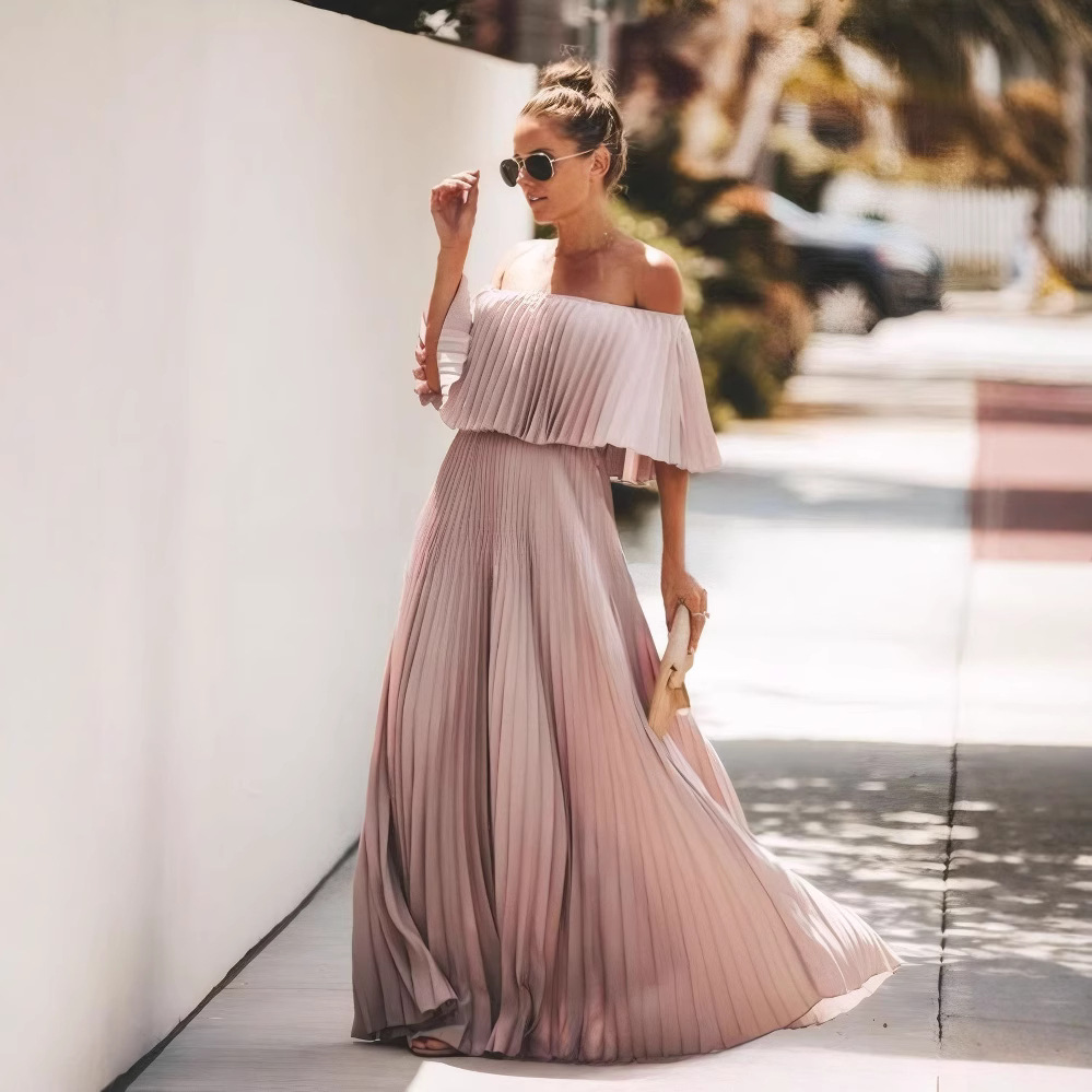 Dress Summer 2025 New Cross-Border Women's Fashion European and American Foreign Trade Off-Shoulder Beach Dress Floor-Length Gown with a Large Hem