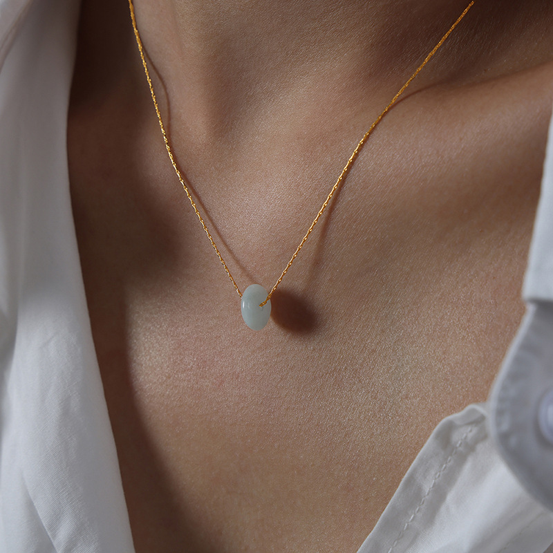 National trendy Chinese style elegant temperament gentle and pleasant Hetian jade pendant cross chain design sense titanium steel gold-plated necklace