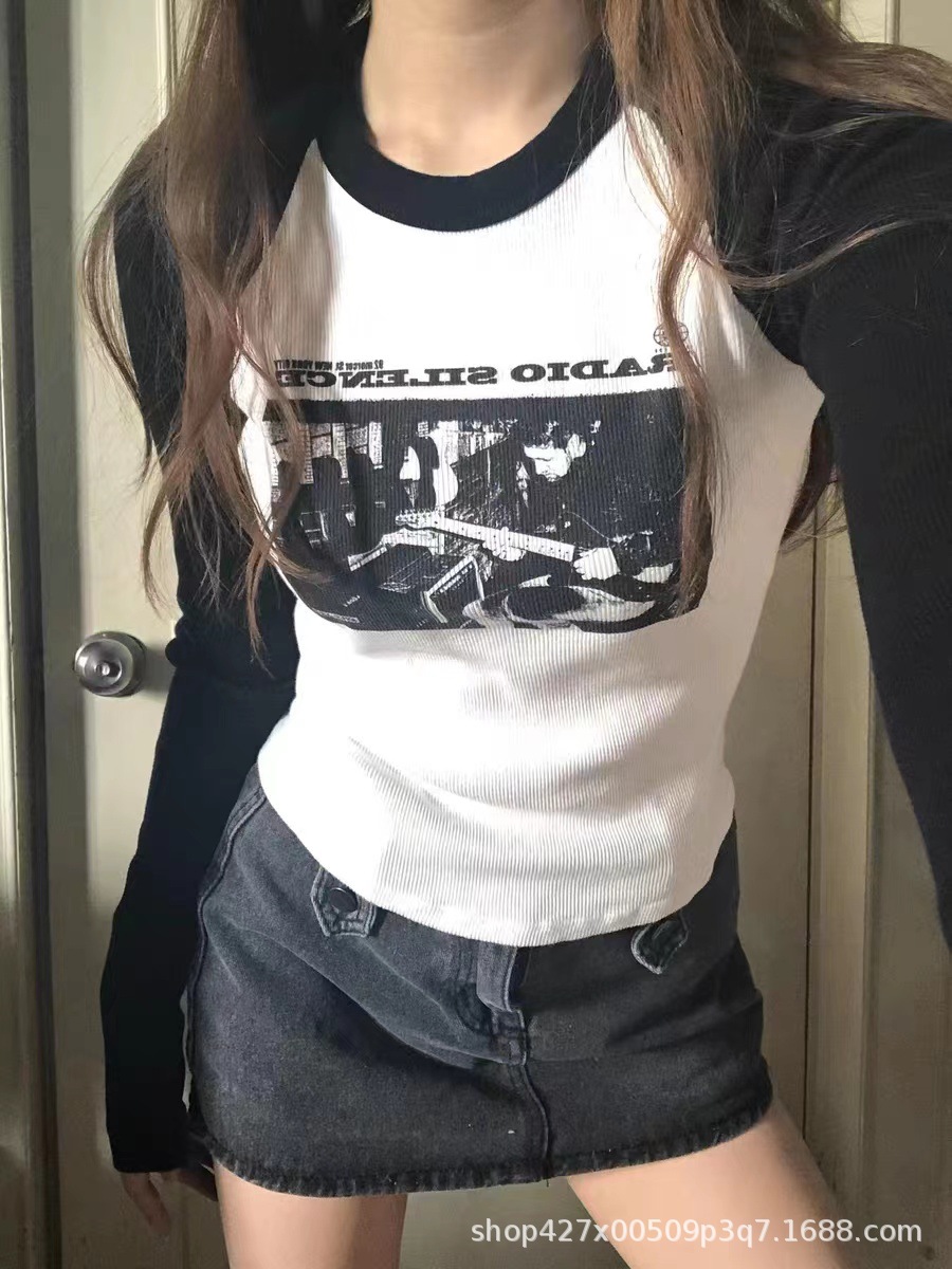 BM style new American style retro threaded guitarist print bm raglan sleeve base shirt color matching slim fit top women's fashion