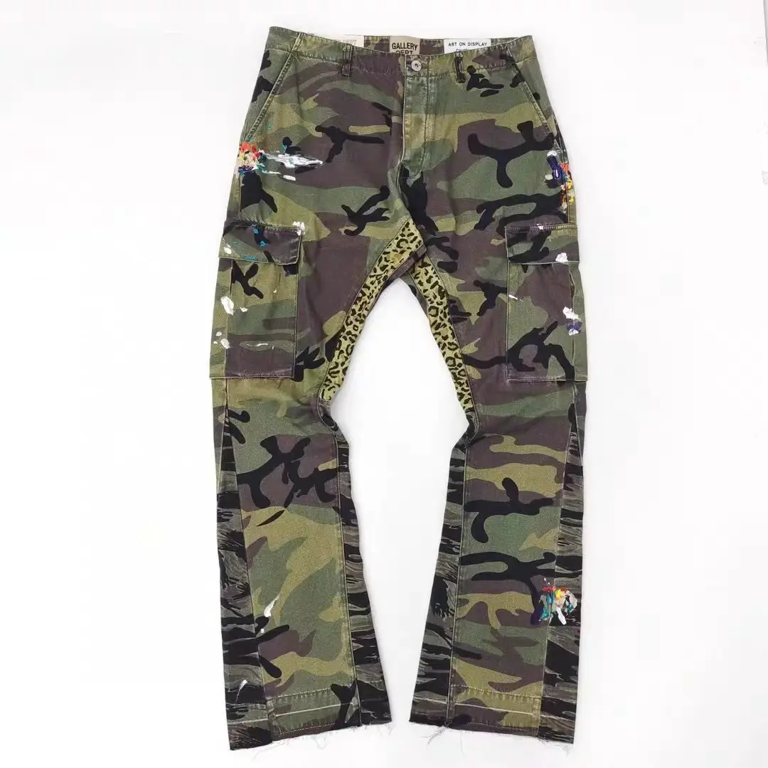 GalleryDept New Green Camouflage Splash Ink Stitching Horn Crane Pants American High Street Micro La Casual Trousers