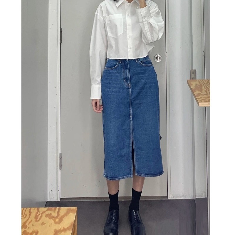 Cos Style Women's Clothing 2026 Spring New Front Slit Straight Denim Skirt Denim Blue Skirt Casual and Versatile