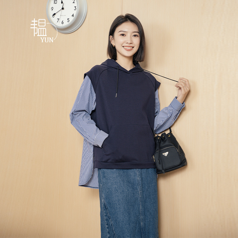 Yun Women's Sweatshirt Fake Two-Piece Casual Wear Round Neck Knitwear Spring and Summer 2024 New Plus Size Women's Clothing