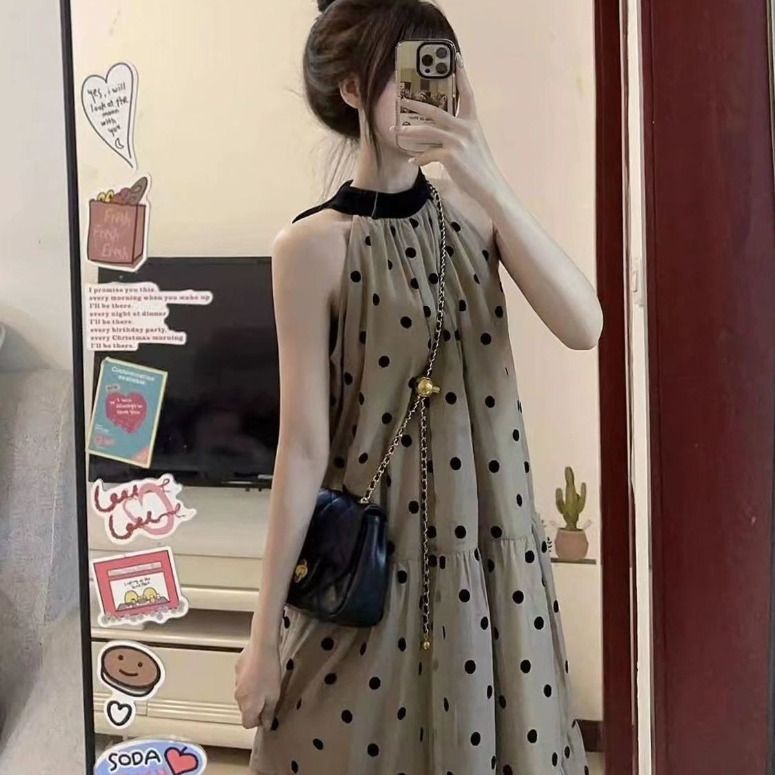 French Style Hanging Neck Wave Dot dress Children's Summer New Seaside Vacation Sleeveless Elegant Mid-length Dress Trendy