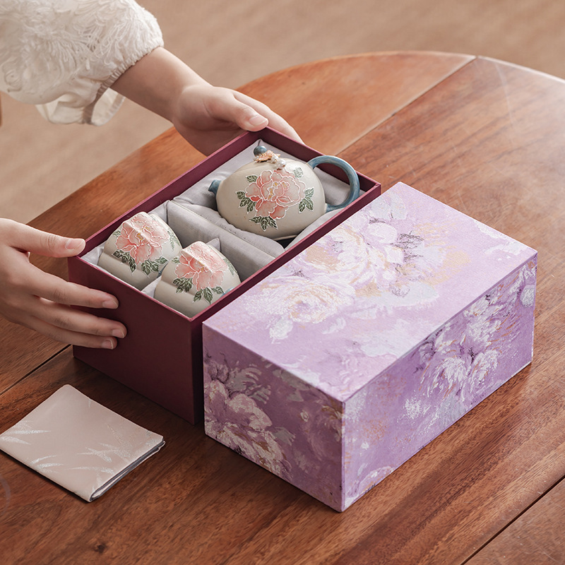 Caramel-Colored Raw Clay Hand-Painted Peony Flower Xishi Teapot Kung Fu Tea Set Gift Set with One Pot and Two Cups in a Gift Box