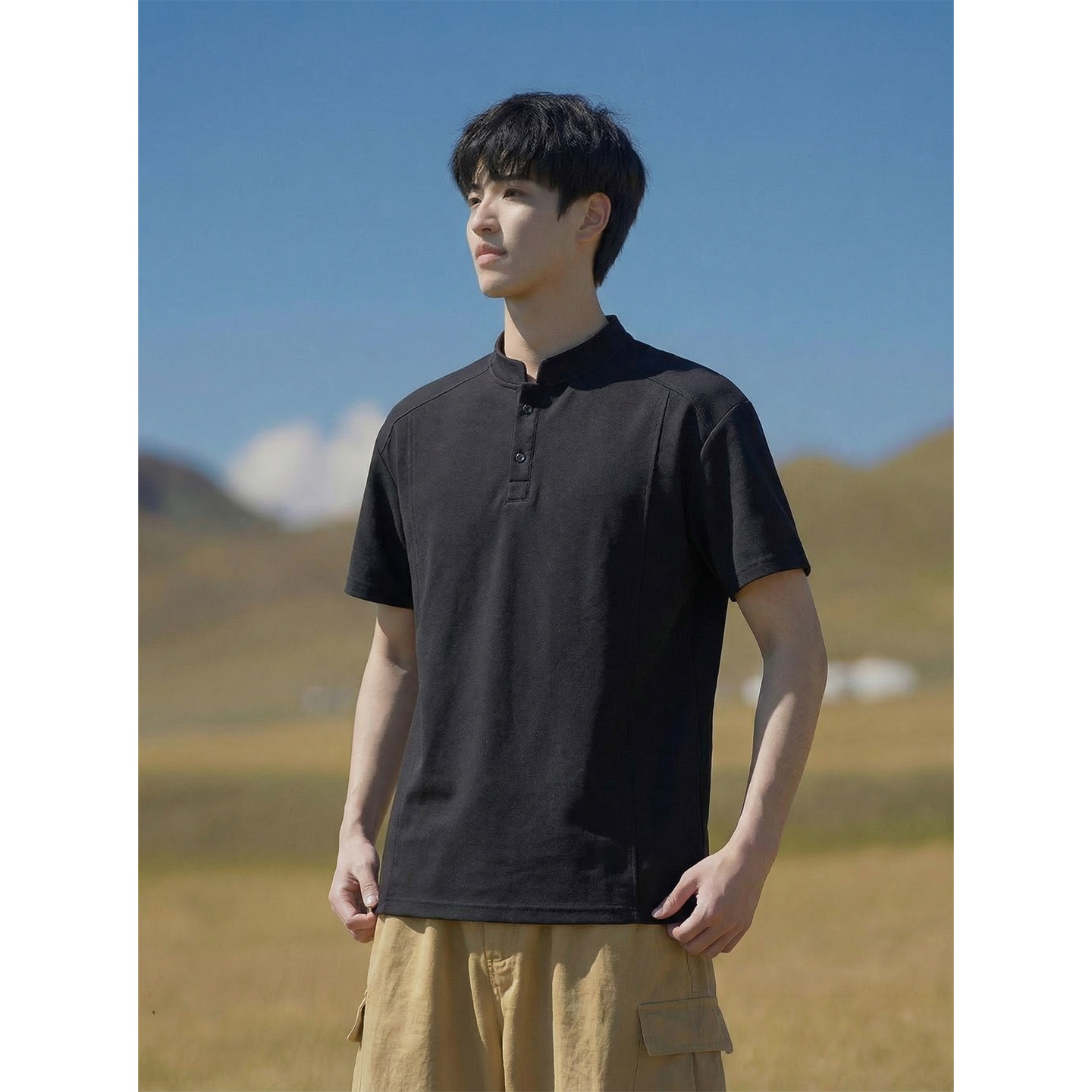 Jianheng American-Style Henry Collar Short-Sleeve Polo Shirt for Men, Summer Edition, Pure Black, Heavyweight, High-End Feel, Regular Shoulder Half-Sleeve