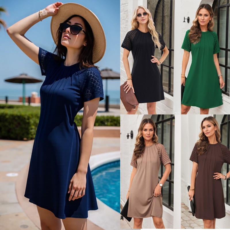 2026 Spring/Summer Foreign Trade European and American Amazon Cross-Border Solid Color Hollow Out Lace Short Sleeve Round Neck Crinkled Dress for Women