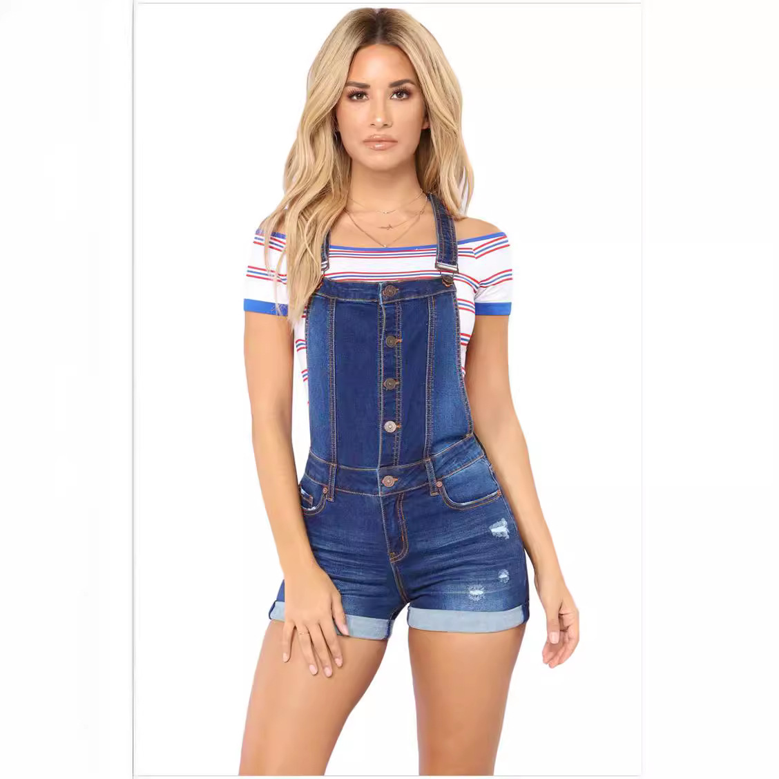 Spring Amazon European and American Ripped Hip-Lifting Suspenders Curled Jeans Wish Shorts Manufacturer Ready for Sale and Wholesale