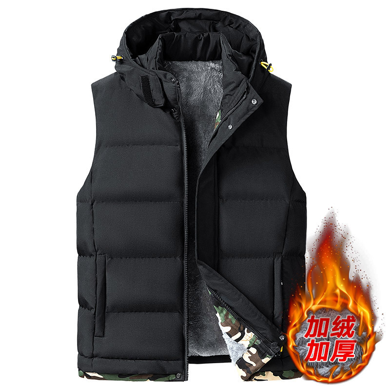 Plus Size Autumn and Winter down Cotton Vest Men's Removable Hood Sports Cotton Clothing Lamb Velvet Waistoutwear Vest Jacket Cold Protection Thickeneding