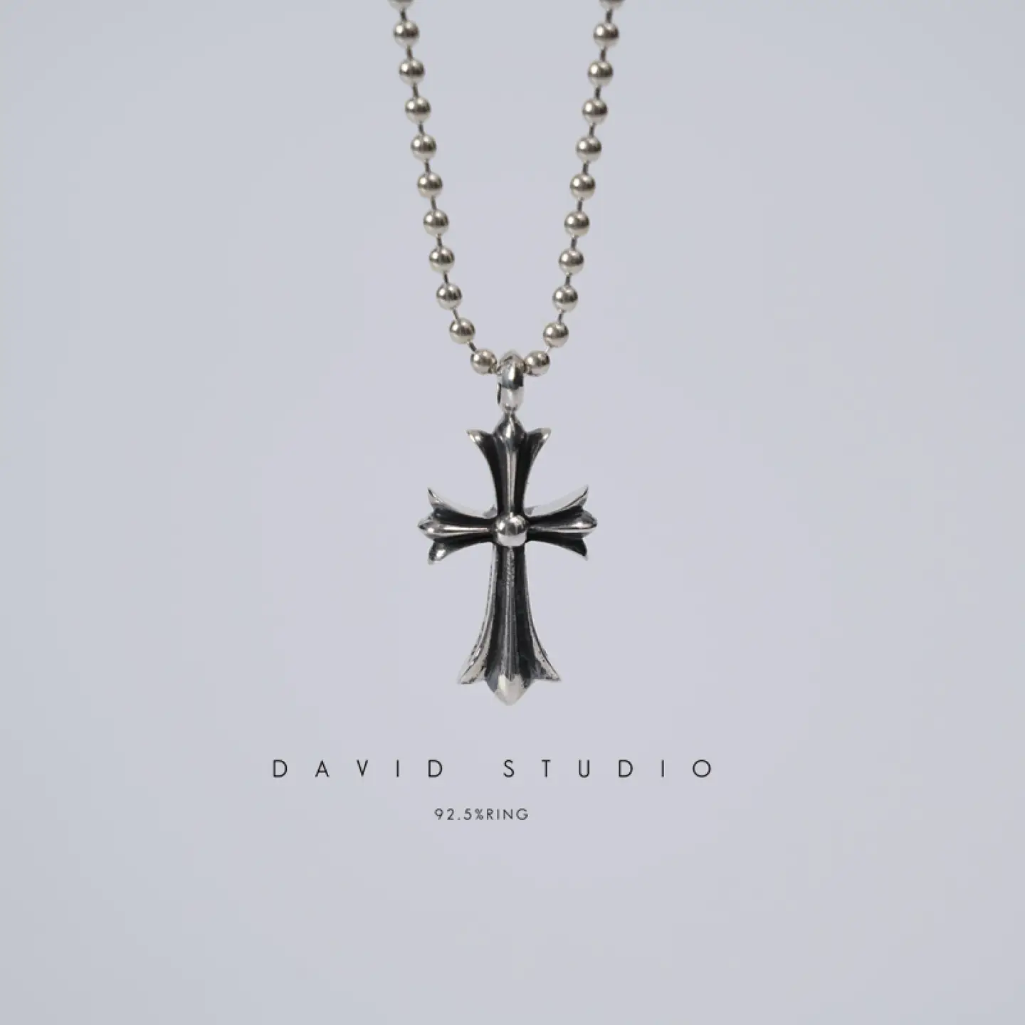 David Studio925 Sterling Silver Cross Trendy Handmade Bead Necklace Pendant Unisex Biker Style