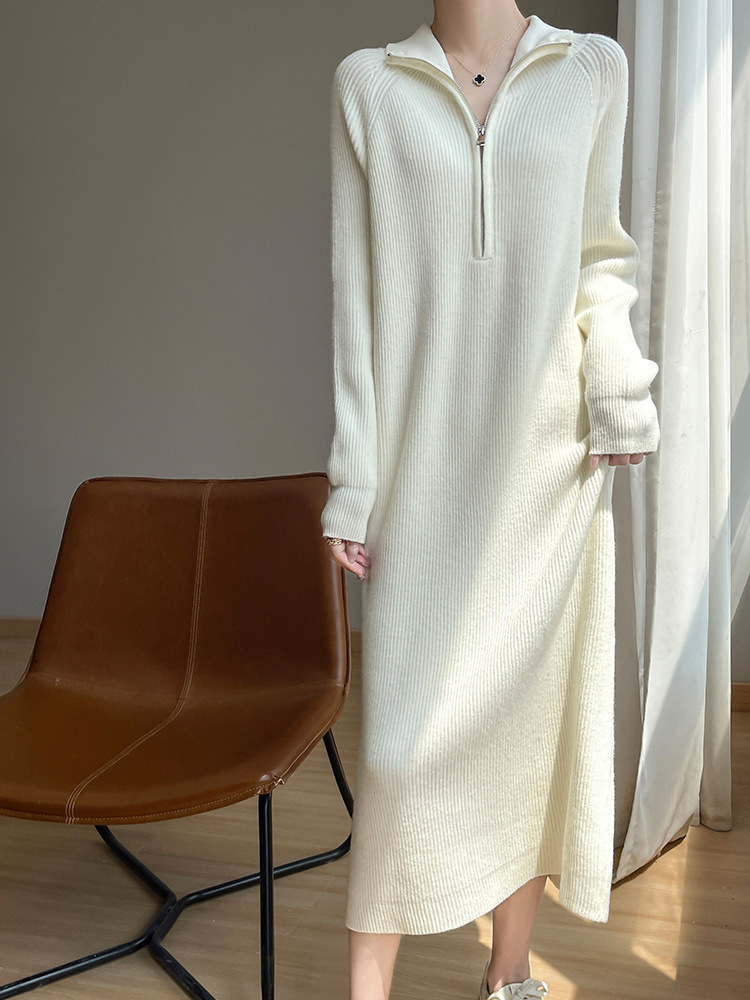 Lazy Style Loose Half Zip High Neck Knitted dress Women's Autumn and Winter Coat Inner Long Base Knitted Skirt