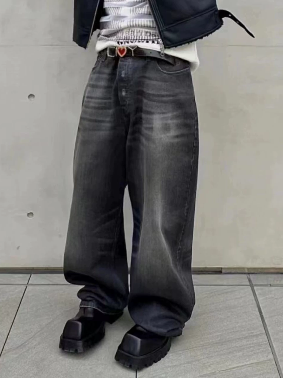 B Brand Largebaggy Washed Gray Wide-Leg Jeans Yanggeng88 Same Style Parisian Style Trendy Men's Trousers